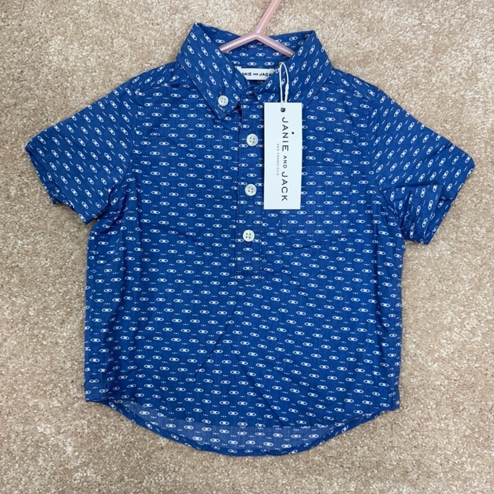 NWT JANIE and JACK Blue Short Sleeve Poplin Dress Shirt Polo Size 6-12 Months